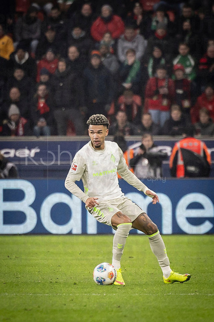 German Bundesliga, Bayer 04 Leverkusen vs. SV Werder Bremen, 24.01.2026 | LEVERKUSEN, GERMANY - JANUARY 24: Justin Njinmah (SV Werder Bremen, 11) during the German Bundesliga match on gameday 19 between Bayer 04 Leverkusen vs. SV Werder Bremen at BayArena on January 24, 2026 in Leverkusen, Germany. DFL REGULATIONS PROHIBIT ANY USE OF PHOTOGRAPHS AS IMAGE SEQUENCES AND/OR QUASI-VIDEO.