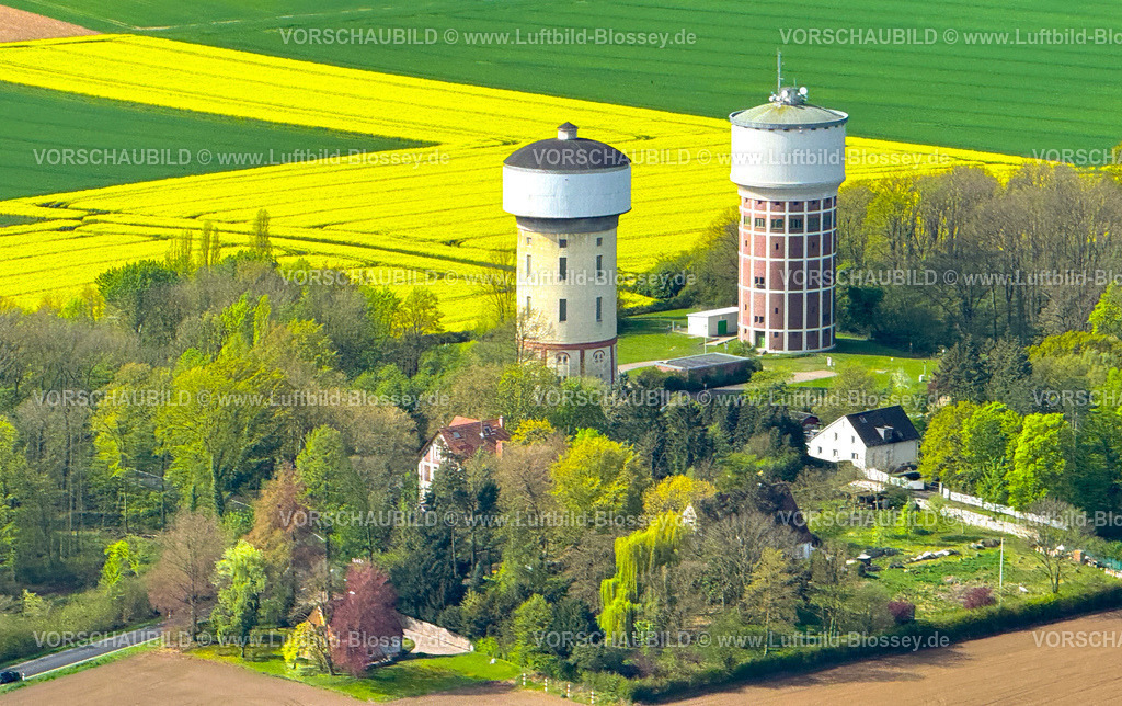 Hamm260402997 | Luftbild, zwei Wassertürme, Turm WT2000 und Turm WT3000, Wasserversorgung der Stadt Hamm, gelbes Rapsfeld am Hellweg, Stadtbezirk Rhynern, Hamm, Ruhrgebiet, Nordrhein-Westfalen, Deutschland