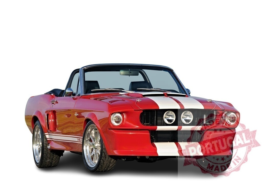 Red Ford Mustang Shelby GT500 Convertible posing in a studio | Customized Ford Mustang Shelby GT500 sports car posing in studio setting with white background - Realized with Pictrs.com