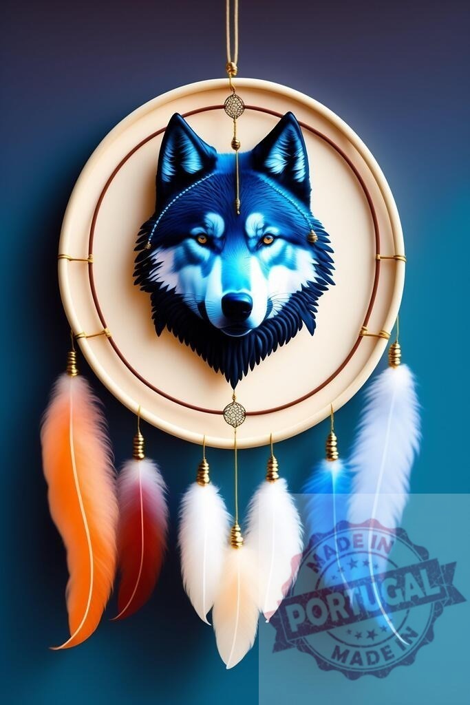 Blue wolf face on dreamcatcher with colorful feathers | Wolf head design centered in a dream catcher with falling feathers on a blue background - Realized with Pictrs.com