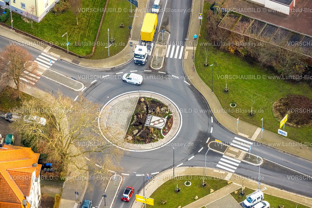 Herne251203978 | Luftbild, Kreisverkehr mit Eickel Logo Symbol an der Hordeler Straße, Eickel, Herne, Ruhrgebiet, Nordrhein-Westfalen, Deutschland