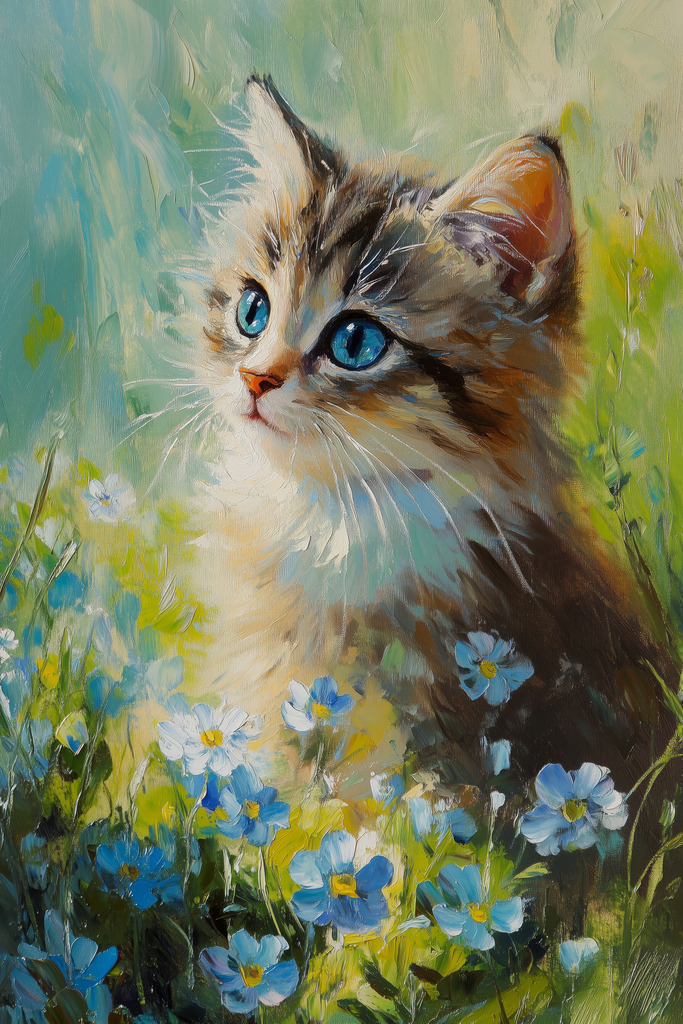 2412002 - Katze auf einer Wiese | Eine Katze auf einer Blumenwiese im Stil eines Gemäldes.