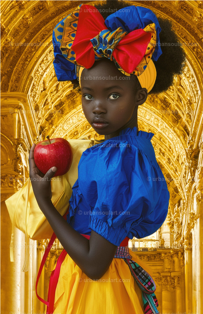 Dressed Up African Girl Inside Golden Castle | An enchanting portrait of a young African girl dressed in vibrant colors, standing in a golden castle setting. Perfect for elegant and culturally inspired decor. - Realisiert mit Pictrs.com