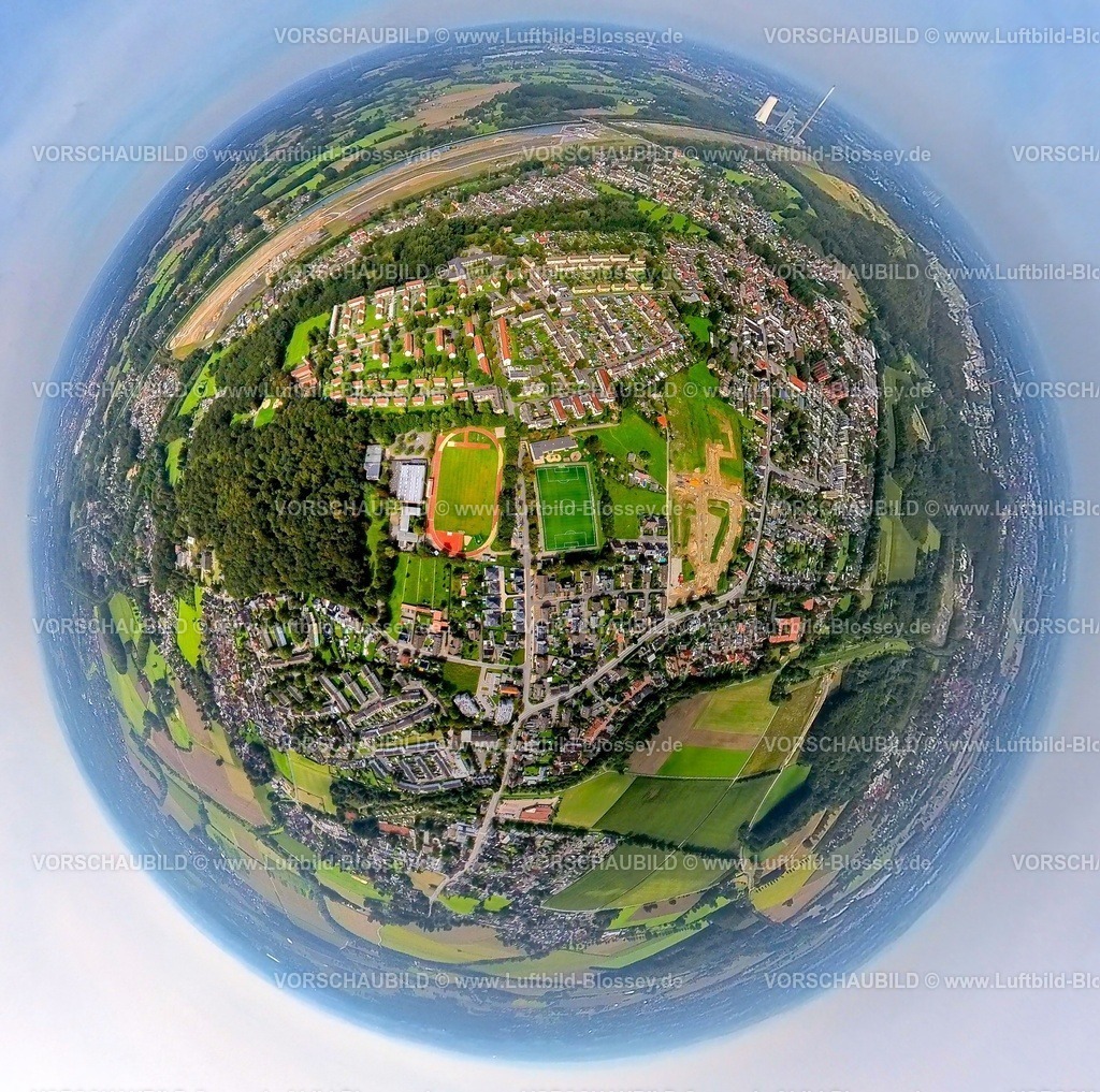 Bergkamen230990130 Oberaden | Luftbild, Sportanlage Römerberg-Stadion, Römerbergwald, Baustelle an der Jahnstraße, Wasserstadt Aden und Kraftwer Bergkamen, Erdkugel, Fisheye Aufnahme, Fischaugen Aufnahme, 360 Grad Aufnahme, tiny world, Oberaden, Bergkamen, Ruhrgebiet, Nordrhein-Westfalen, Deutschland