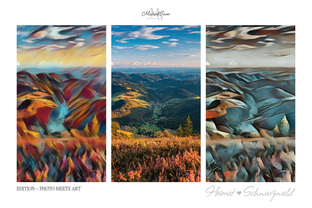 Edition “PHOTO MEETS ART” | Die Edition “PHOTO MEETS ART” ist eine außergewöhnliche Schwarzwald-Bildergalerie für alle Kunstliebhaber. Bei diesen Werken handelt es sich um exklusive Digitalkunst, bei denen mittels künstlicher Intelligenz neue Visualisierungen erschaffen wurden. Das Ergebnis ist eine 3er-Bild-Collage mit der realen Fotografie im Zentrum, flankiert von zwei unterschiedlichen Kunststilen. Natürlich ausschließlich mit Bildern aus dem Schwarzwald! - Realisiert mit Pictrs.com