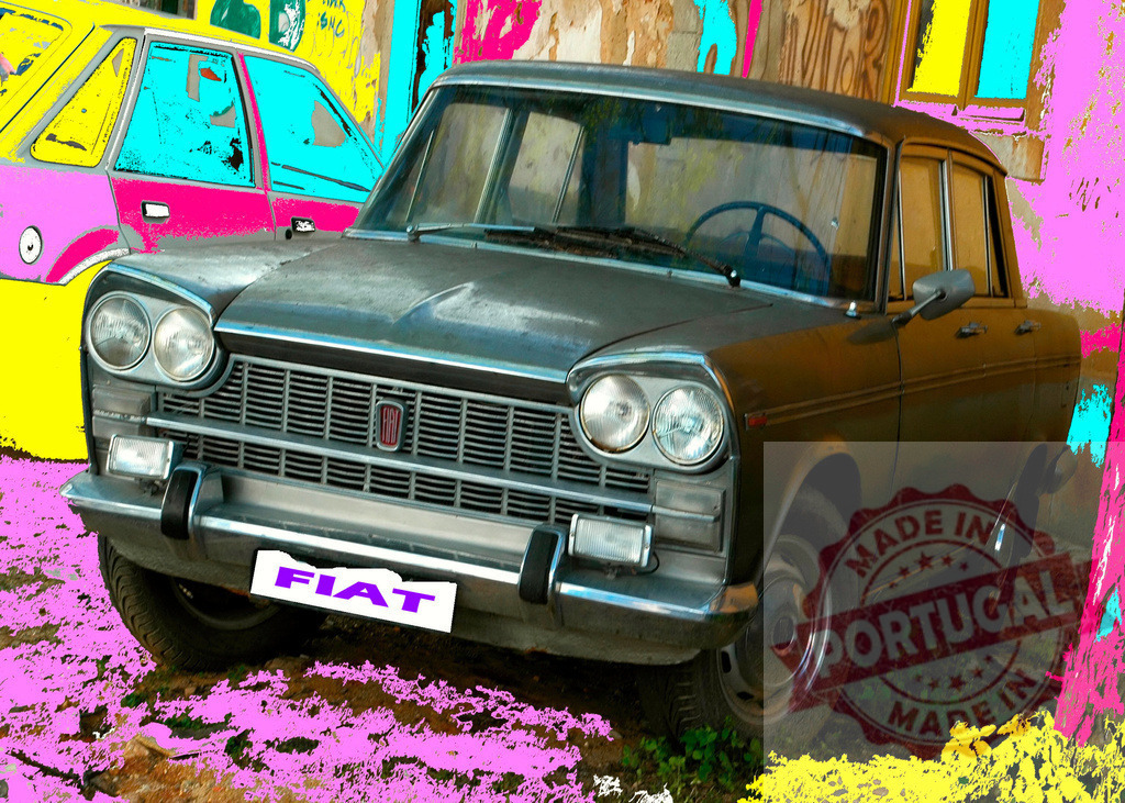 Vintage Fiat 1500 parked in front of colorful graffiti wall | Classic Fiat 1500 automobile parked near a graffiti-covered wall, showcasing urban decay and automotive history - Realisiert mit Pictrs.com