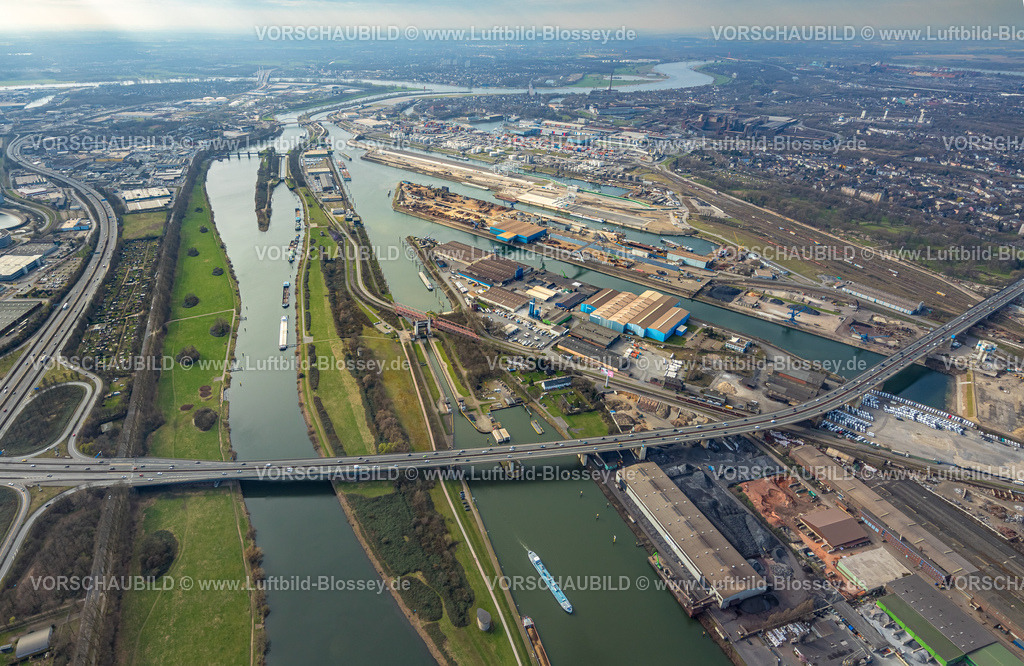Duisburg240304250 | Luftbild, Duisport - Duisburger Hafen, Fluss Ruhr und Autobahn A59 und A40 Kreuz Duisburg mit Berliner Brücke, Mittelmeiderich, Duisburg, Ruhrgebiet, Nordrhein-Westfalen, Deutschland, Duisburg-N
