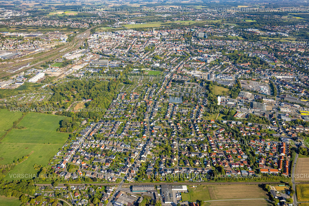 Hamm250900350 | Luftbild, Hamm-Süden Wohngebiet am Langewanneweg, hinten die Innenstadt, Stadtbezirk Rhynern, Hamm, Ruhrgebiet, Nordrhein-Westfalen, Deutschland