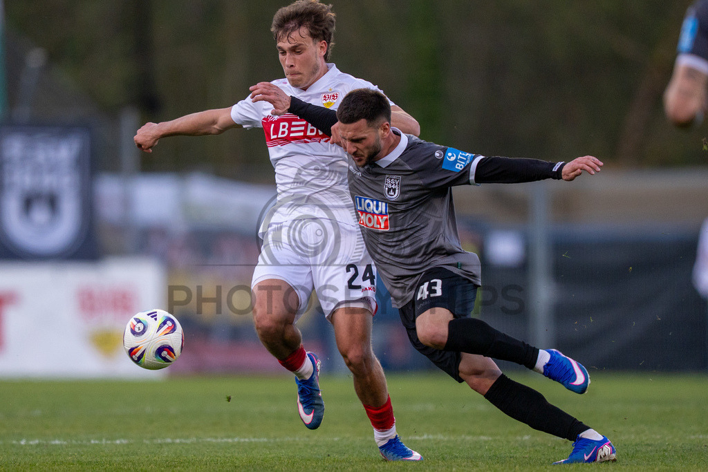 VfB Stuttgart II vs. SSV Ulm 1846 Fussball, Fussball, 3. Liga, 32. Spieltag, 08.04.2026 | Zweikampf zwischen Christopher Olivier (VfB Stuttgart II, #24) und Leon Dajaku (SSV Ulm 1846 Fussball, #43),VfB Stuttgart II vs. SSV Ulm 1846 Fussball, Fussball, 3. Liga, 32. Spieltag, 08.04.2026DFB regulations prohibit any use of photographs as image sequences and/or quasi-video