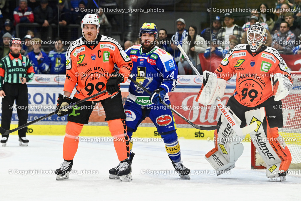 EC IDM WÄRMEPUMPEN VSV vs. MOSER MEDICAL GRAZ99ERS | #4 Korbinian Holzer Graz 99ers, #74 Joel Teasdale EVC VSV, #33 Maxime Lagacé Graz 99ers, EC IDM WÄRMEPUMPEN VSV vs. MOSER MEDICAL GRAZ99ERS, EC IDM WÄRMEPUMPEN VSV vs. MOSER MEDICAL GRAZ99ERS am 12.03.2026 in Villach (Stadthalle Villach), Austria, (Photo by Bernd Stefan)