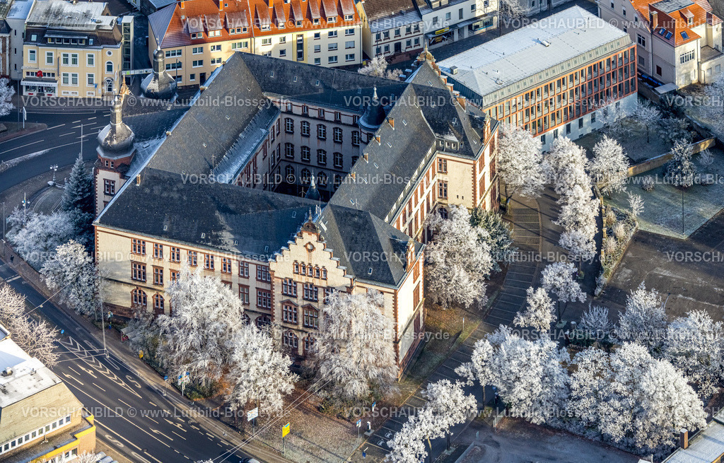 Hamm221202938 | Luftbild, Winterliches Rathaus, verschneite Bäume, Mitte, Hamm, Ruhrgebiet, Nordrhein-Westfalen, Deutschland