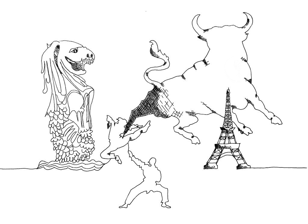 Eurasien | Strichzeichnung mit schwarzem Filzstift auf weißem Papier zeigt Symbole für Eurasien. Aus Europa stammt der Eiffelturm und der Stier. Aus Asien stammt die Drachenstatue und die Kampfkunst. Konzeptionelle Illustration.  