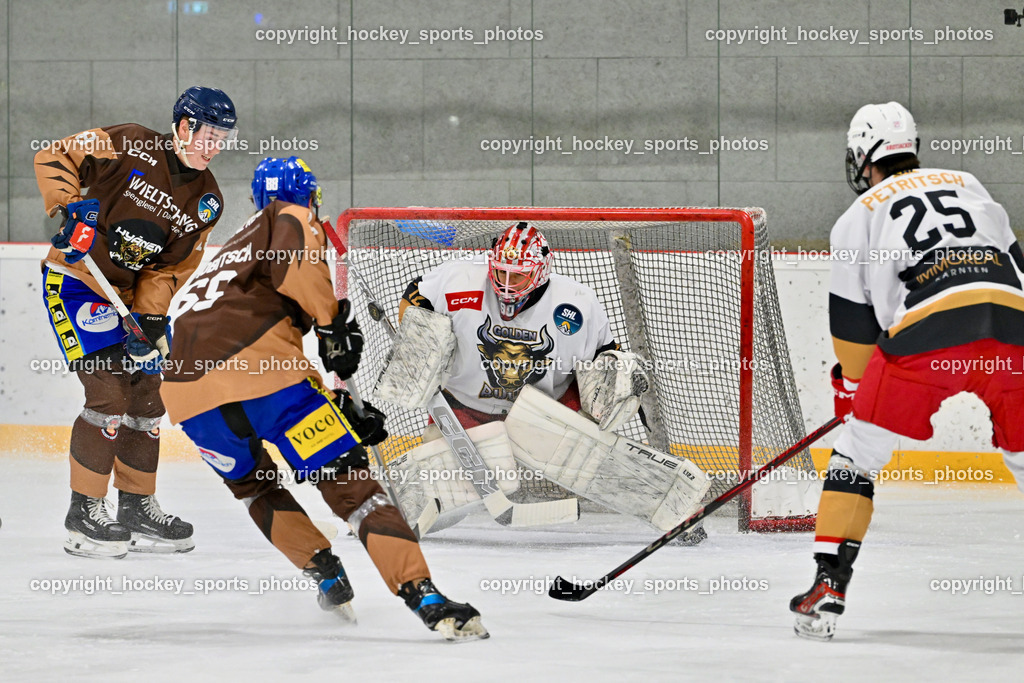 Sunshine Hockey League Spieltag 4. | #25 Maximilian Petritsch Golden Bulls, #72 Jon Kavcic Golden Bulls, #69 Samuel Hobitsch  Hyänen Hockey, #18 Nico Uschan  Hyänen Hockey, Sunshine Hockey League Spieltag 4., Sunshine Hockey League Spieltag 4. am 27.06.2025 in Ferlach (Eishalle Ferlach ), Austria, (Photo by Bernd Stefan)