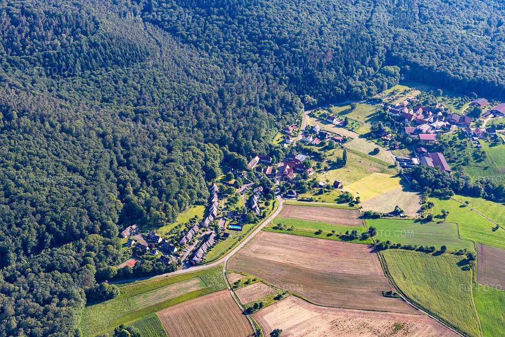 Aerial view: Pfaffenbronn in Lembach in the state Bas-Rhin, France. – Photo: IMG_115381.jpg taken on 06/16/2019 by Werner Riehm/FLY-FOTO.com – Resolution of the original: 5472 x 3648 px