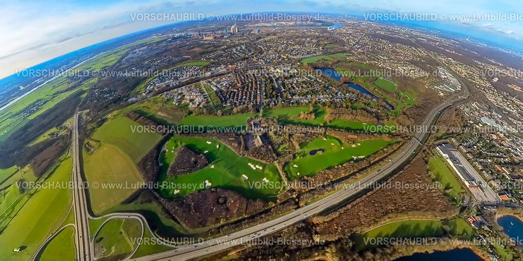 Duisburg2301fish0015GolfclubHuckingen | Luftbild, Golfplatz Golf und More Huckingen GmbH, Angerbogen Wohnsiedlung, Fisheye Aufnahme, Fischaugen Aufnahme, 360 Grad Aufnahme, Huckingen, Duisburg, Ruhrgebiet, Nordrhein-Westfalen, Deutschland