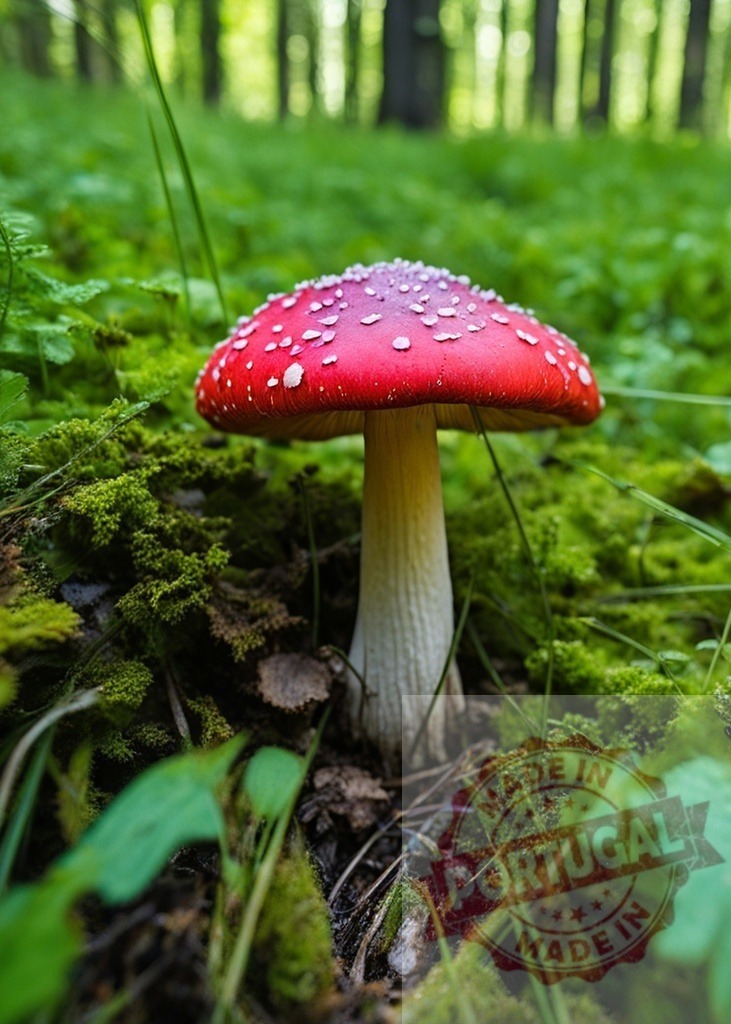 Amanita muscaria fly agaric mushroom growing in forest | Amanita muscaria mushroom growing on a mossy forest floor, showing its red cap with white spots - Realisiert mit Pictrs.com