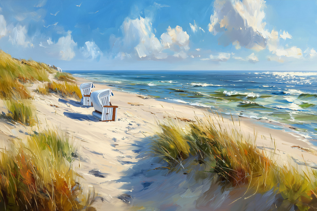 2603016 - Strandkörbe an der Ostsee | Sanfte Dünen, ein weiter Himmel und das ruhige Rauschen der Wellen – dieses stimmungsvolle Strandmotiv fängt die Leichtigkeit eines sonnigen Tages am Meer ein. Warme Sandtöne, frisches Blau und die entspannte Atmosphäre der Strandkörbe laden zum Träumen ein und bringen ein Gefühl von Urlaub, Ruhe und Freiheit in jeden Raum.