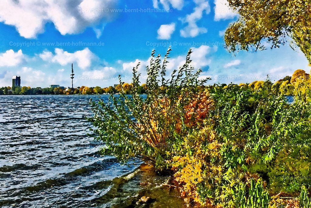 PDM2_2377_HH-Alster_150x100 | DIGITALKUNST. Hamburg. Außenalster mit bunten Herbstfarben. Blick auf das Westufer. - Realisiert mit Pictrs.com