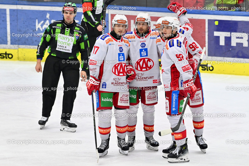 EC IDM WÄRMEPUMPEN VSV vs. EC KAC | #9 Mursak Jan EC KAC, Konc Daniel Referee, Jubel EC KAC Mannschaft, #17 Pastujov Nick EC KAC, #92 Unterweger Clemens EC KAC, #90 Fraser Matthew EC KAC, EC IDM WÄRMEPUMPEN VSV vs. EC KAC, EC IDM WÄRMEPUMPEN VSV vs. EC KAC am 02.02.2025 in Villach (Stadthalle Villach), Austria, (Photo by Bernd Stefan)