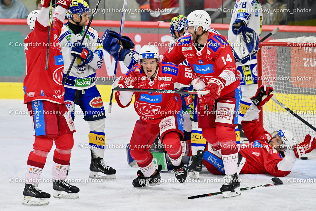 EC KAC vs. EC IDM Wärmepumpen VSV 5.11.2023 | Jubel EC KAC Mannschaft, Tor EC KAC, #46 Wall Alex, #80 Kraus Nikolaus, #14 Postma Paul, #17 Ganahl Manuel