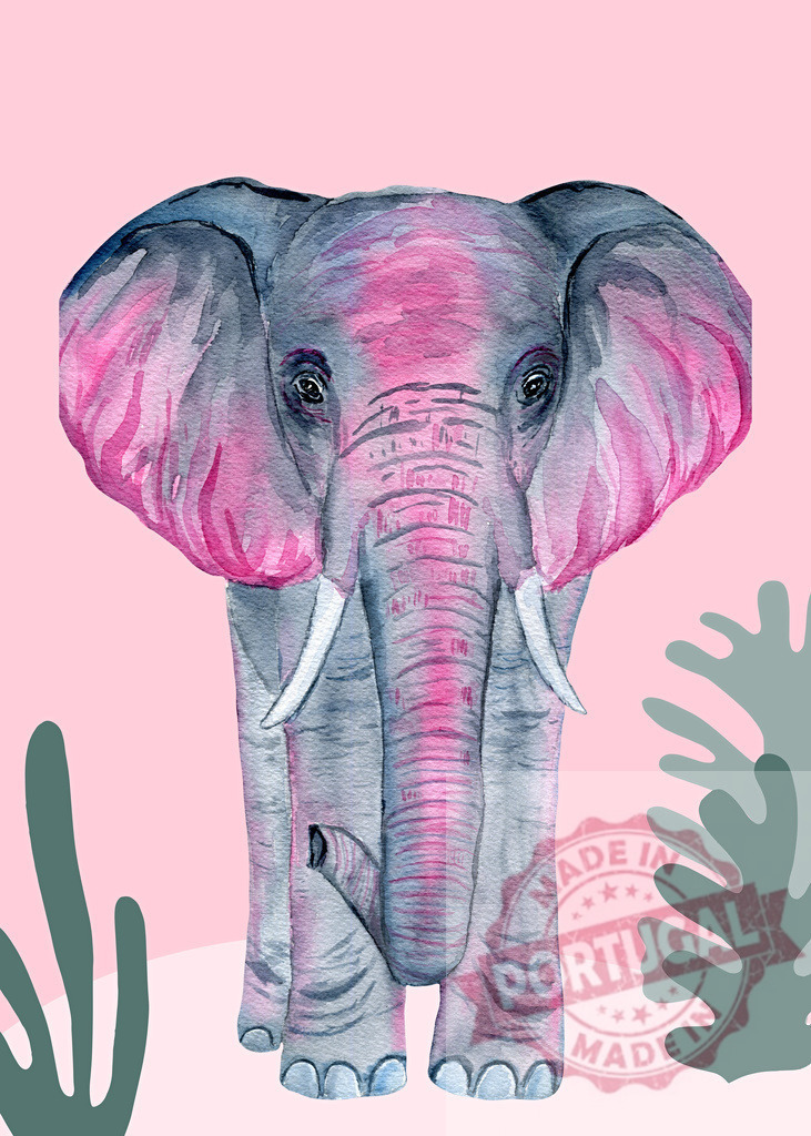 Pink and gray elephant standing on pink background with tropical leaves | Watercolor painting of a pink and gray elephant standing on a pink background with tropical leaves - Realized with Pictrs.com