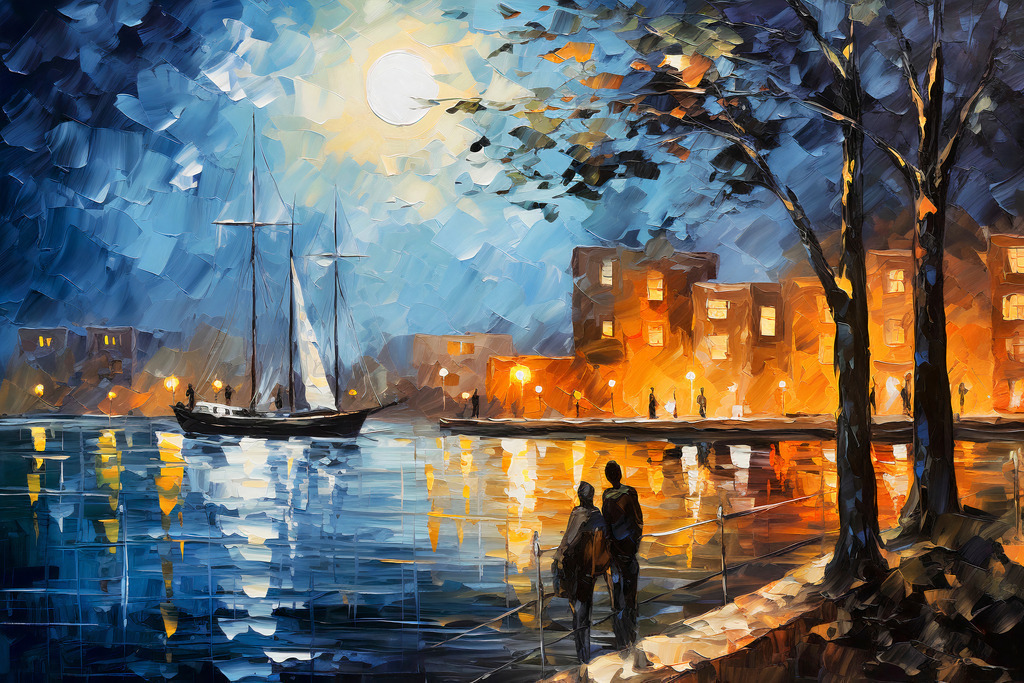 2307044 - Romantischer Hafen | Wunderschönes Wanbild mit nächtlicher Lichtstimmung in einer fiktiven Stadt.