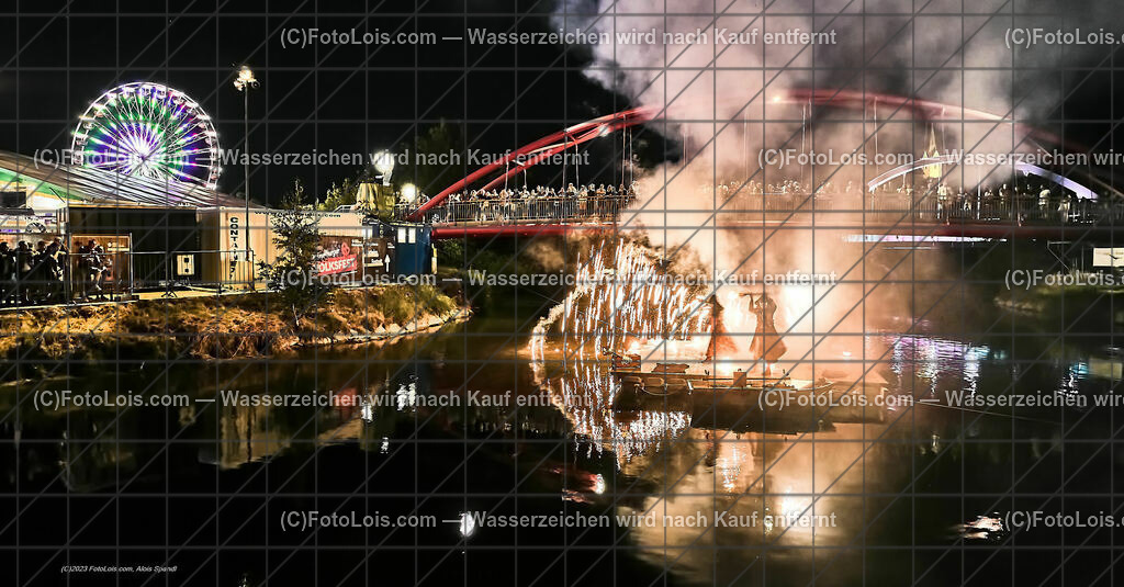 0600_Luftbild_VOLKSFEST-Wlbg_InselFeuer-Show | (C)FotoLois.com, Alois Spandl, Luftbild, Wieselburger VOLKSFEST neu, Feuershow auf der Erlaufinsel unter den Brücken, Do 29. Juni 2023.