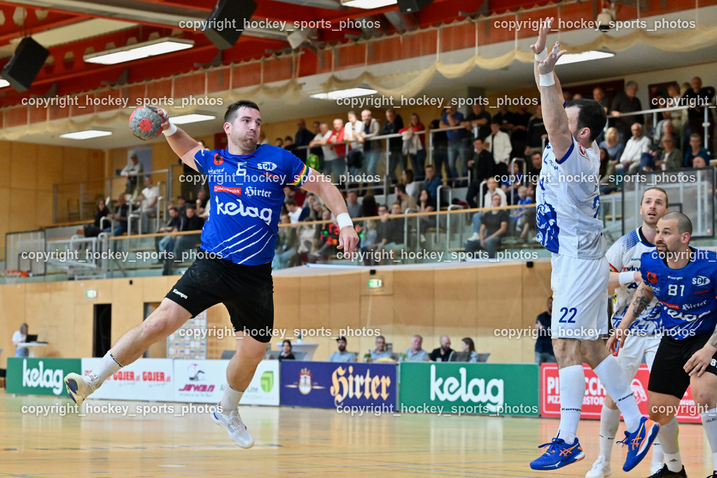 SC Ferlach vs. ALPLA HC Hard | #6 Nosan Blaz SC Ferlach, #22 BABIC Dejan SC Hard, #81 Milicevic Micha SC Ferlach, SC Ferlach vs. ALPLA HC Hard, SC Ferlach vs. ALPLA HC Hard am 05.04.2025 in Ferlach (Ballspielhalle Ferlach), Austria, (Photo by Bernd Stefan)