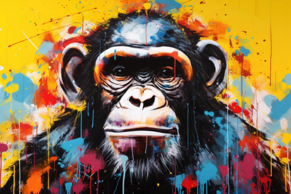 2311011 - Pop Art Schimpanse | Ein Affe im Stil eines modernen Pop Art Gemäldes mit vielen bunten Farbspritzern.