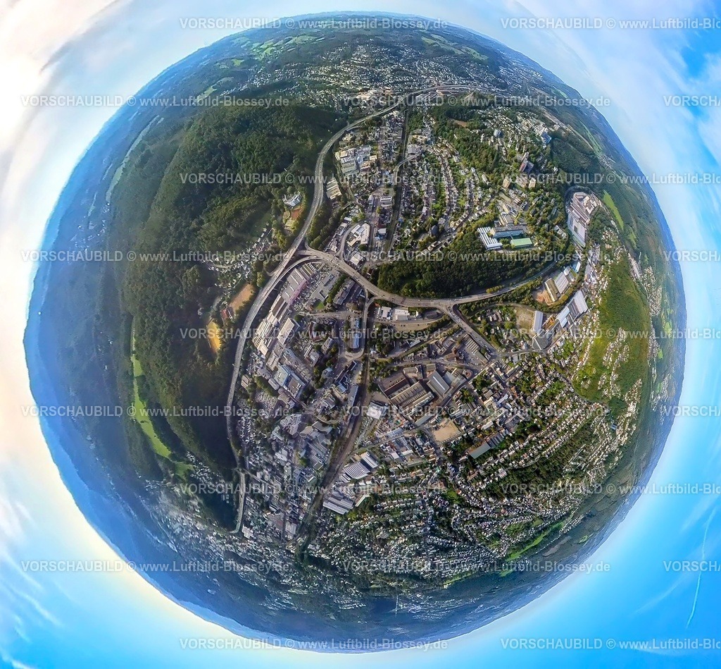 Siegen230990417Weidenau | Luftbild, Ortsansicht Ortsteil Weidenau, Gewerbegebiet Weidenauer Straße, Erdkugel, Fisheye Aufnahme, Fischaugen Aufnahme, 360 Grad Aufnahme, tiny world, Weidenau-West, Siegen, Sauerland, Nordrhein-Westfalen, Deutschland