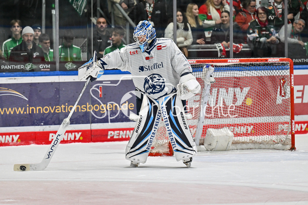 Augsburger Panther - Straubing Tigers | am Puck Florian BUGL (Straubing Tigers #1) / Freisteller / Einzelfoto / DEL: Augsburger Panther - Straubing Tigers, Curt Frenzel Stadion am 29.11.2024