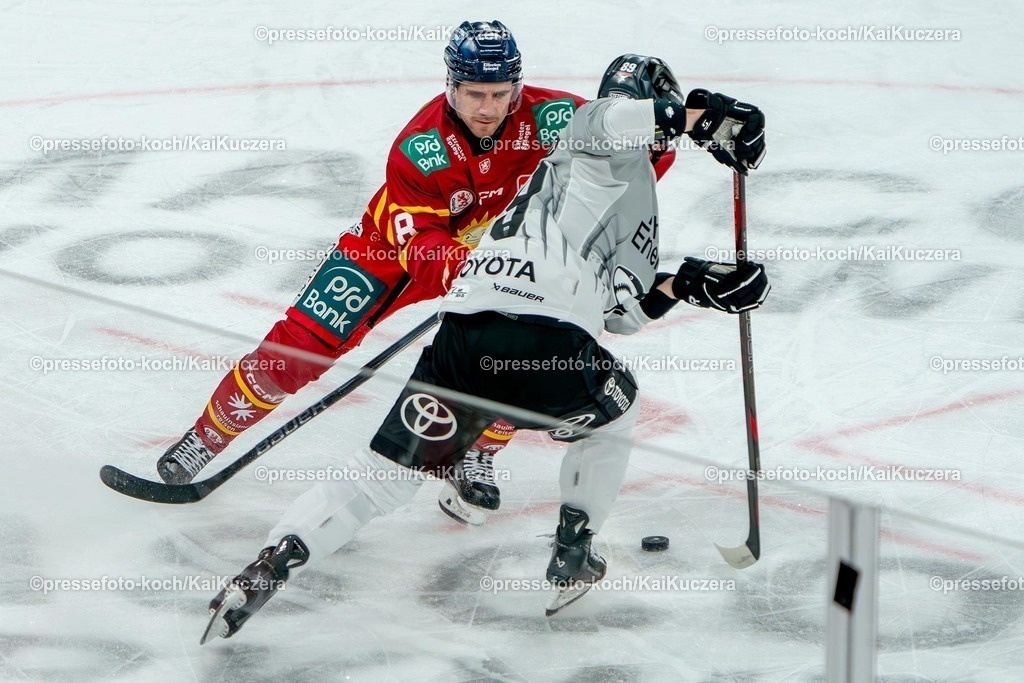 KKU24012501012 | 24.01.2025, xkkux, Eishockey, Penny DEL, Düsseldorfer EG - Kölner Haie, PSD-BANK Dome: Ryan McKiernan (DEG #8) im Zweikampf gegen Maximilian Kammerer (Kölner Haie #9)