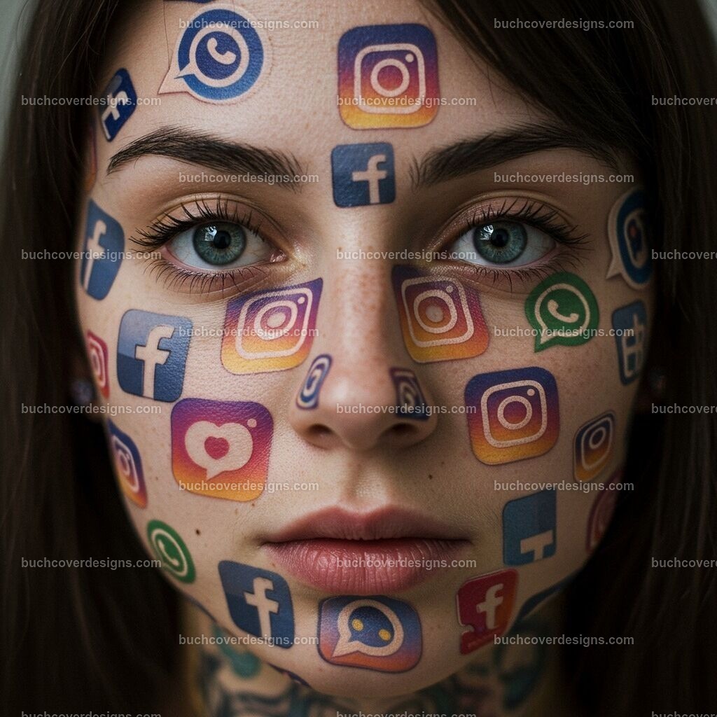 frauen gesicht mit Social Media Facebook Instagram Symbole | Entdecken Sie kreative Buch Cover Designs für Self-Publishing-Autoren und Verlage! Unsere maßgeschneiderten Designs ziehen Leser an und bringen Ihre Geschichten visuell zum Leben. Lassen Sie uns Ihr perfektes Cover gestalten!