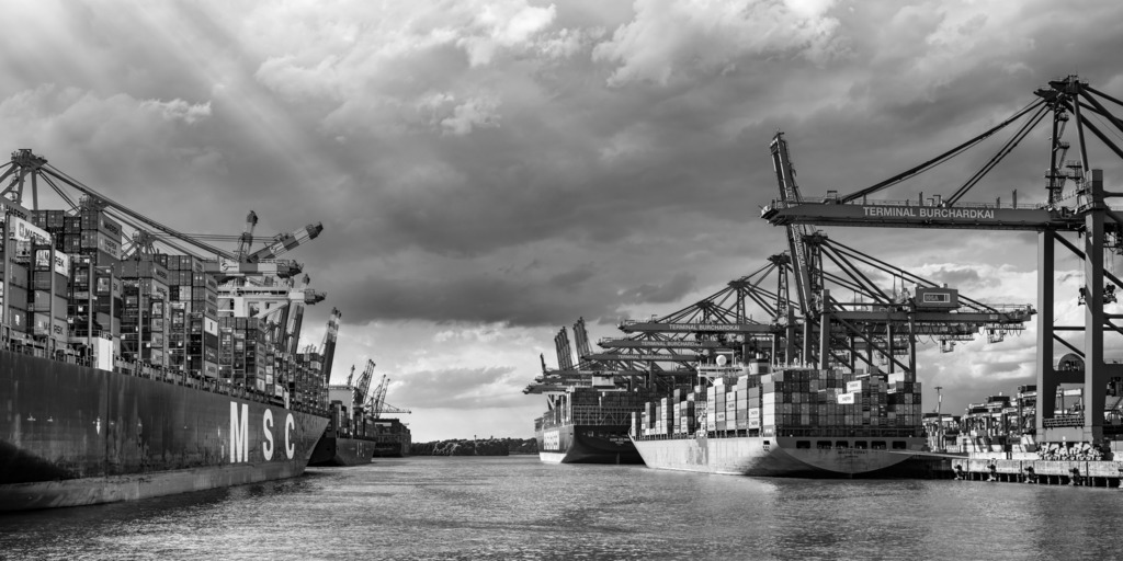 10221103 - Containerschiffe in Waltershof | Beeindruckende Schwarzweißaufnahme von Containerschiffen im Waltershofer Hafen im Sonnenlicht.
