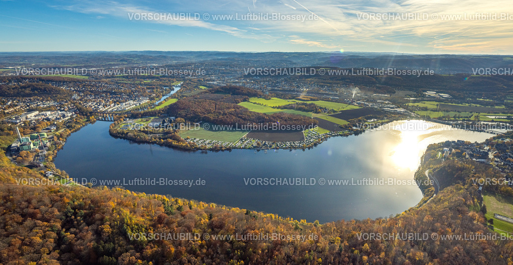 Wetter251104387-2 | Luftbild, Harkortsee mit Blick nach Herdecke und Hagen-Vorhalle, links Kaisberg Wald und Campingplätzen Caravanverein Wassersportverein Harkortsee (CWVH) und Wassersportverein Campingverein Hagen e.V., blauer Himmel mit Wolkwn, herbstliche Bäume, Wetter, Ruhrgebiet, Nordrhein-Westfalen, Deutschland