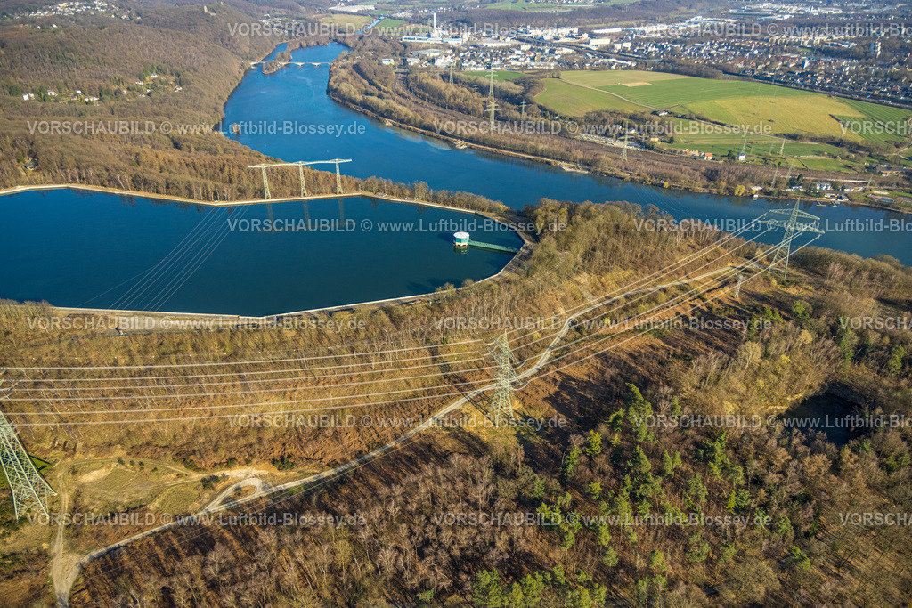 Herdecke260304032 | Luftbild, Stromtrasse Überlandleitung, RWE Pumpspeicherbecken Herdecke, Hochbecken am Koepchenwerk, Herdecke, Ruhrgebiet, Nordrhein-Westfalen, Deutschland