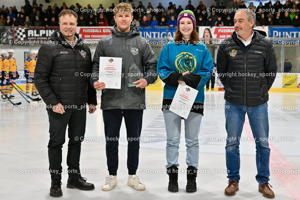  ESC Steindorf vs. EHC Althofen 2.3.2023 | Ehrung KEHV Superstar Wahl 2022/23, KEHV Präsident Michael Herzog Löschnig, Marco Steiner, KEHV Schiedsrichter Referent Michael Baumann, Rebecca Thamer