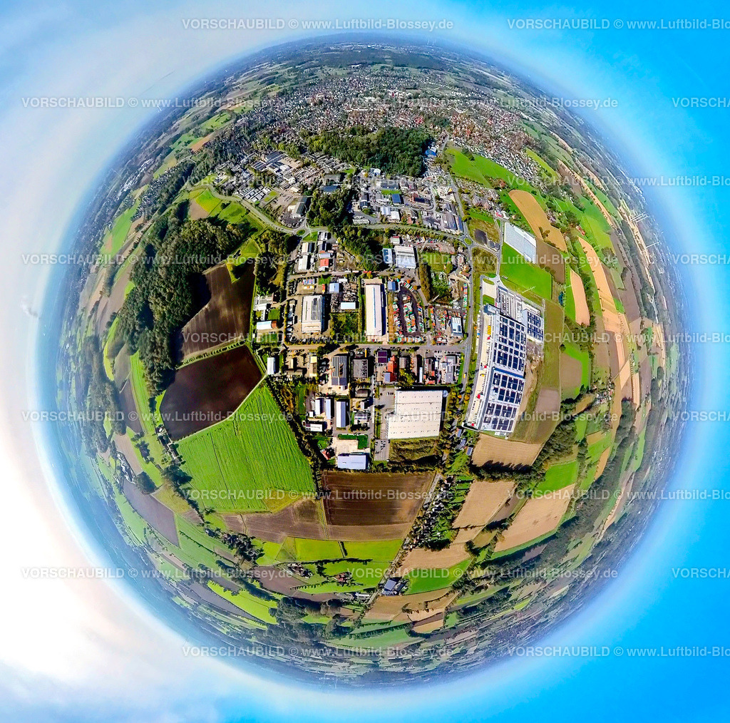 Selm241190545 | Luftbild, Gewerbegebiet Werner Straße mit Gewerbegebiet Industriestraße, Erdkugel, Fisheye Aufnahme, Fischaugen Aufnahme, 360 Grad Aufnahme, tiny world, little planet, fisheye Bild, , Selm, Ruhrgebiet, Nordrhein-Westfalen, Deutschland