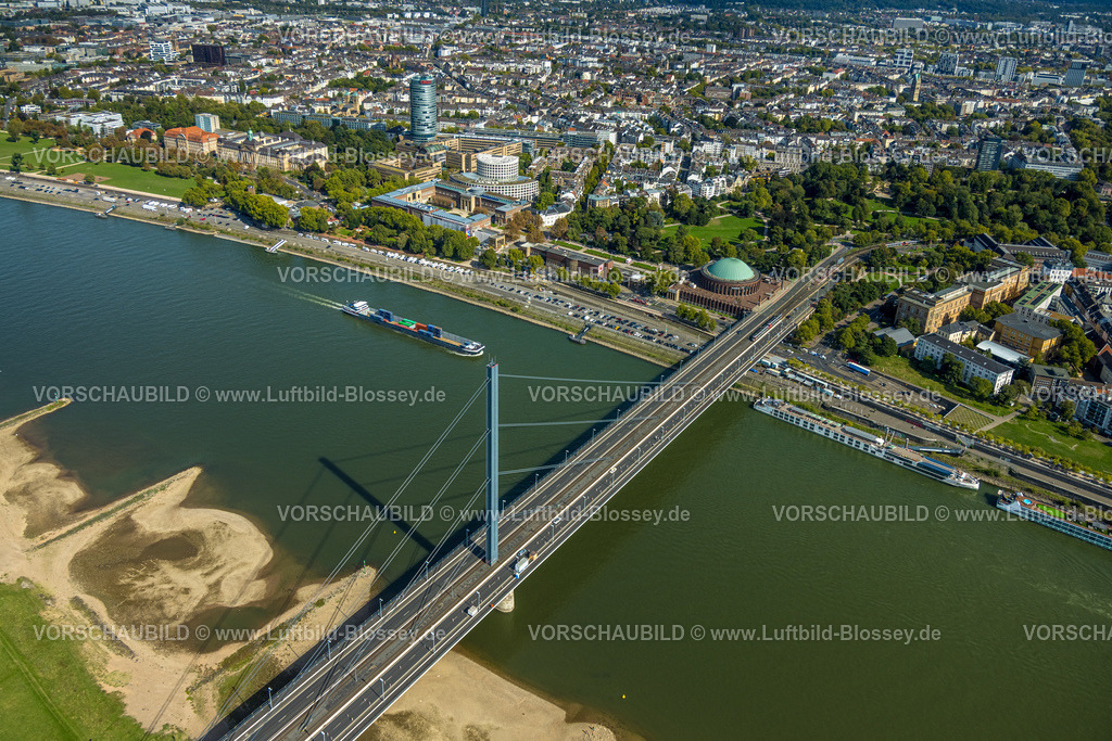 Duesseldorf250902615 | Luftbild, Oberkasseler Brücke über den Fluss Rhein und Tonhalle Düsseldorf, Rheinpromenade, NRW-Forum Düsseldorf und Kunstpalast Duesseldorf im Ehrenhof, Bezirksregierung und rundes Hochhaus ERGO Group AG, , Pempelfort, Düsseldorf, Ruhrgebiet, Nordrhein-Westfalen, Deutschland