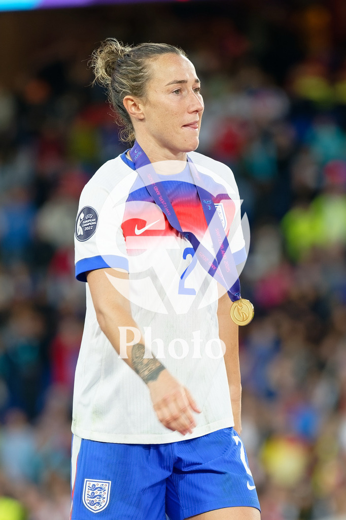 England v Spain - UEFA Women's EURO 2025 Final | BASEL, SWITZERLAND - JULY 27:  Lucy Bronze of England with the medal during the UEFA Women's EURO 2025 Final match between England and Spain at St. Jakob-Park on July 27, 2025 in Basel, Switzerland. (Photo by Giuseppe Velletri/Sports Press Photo/Getty Images)