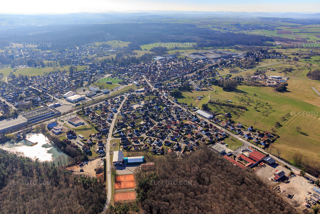 Aerial view: View of the town from the east in Mertzwiller in the state Bas-Rhin, France.Photo: IMG_097475.jpg taken on 03/16/2017 by Werner Riehm/FLY-FOTO.comResolution of the original: 5472 x 3648 px
