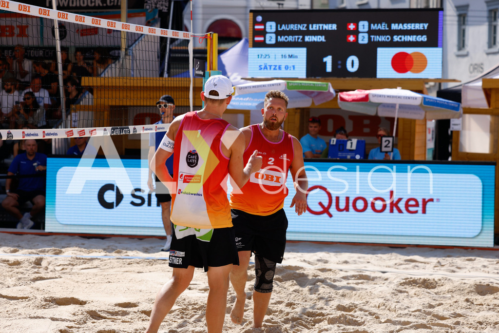 Obi BeachTour 2026 - Basel | BASEL, SWITZERLAND - JULY 17: LAURENZ LEITNER (AUT) and MORITZ KINDL (AUT) during the Obi BeachTour 2026 match between LEITNER / KINDL (AUT) and MASSEREY / SCHNEGG (SUI) at Barfüsserplatz on July 17, 2026 in Basel, Switzerland. - Realisiert mit Pictrs.com