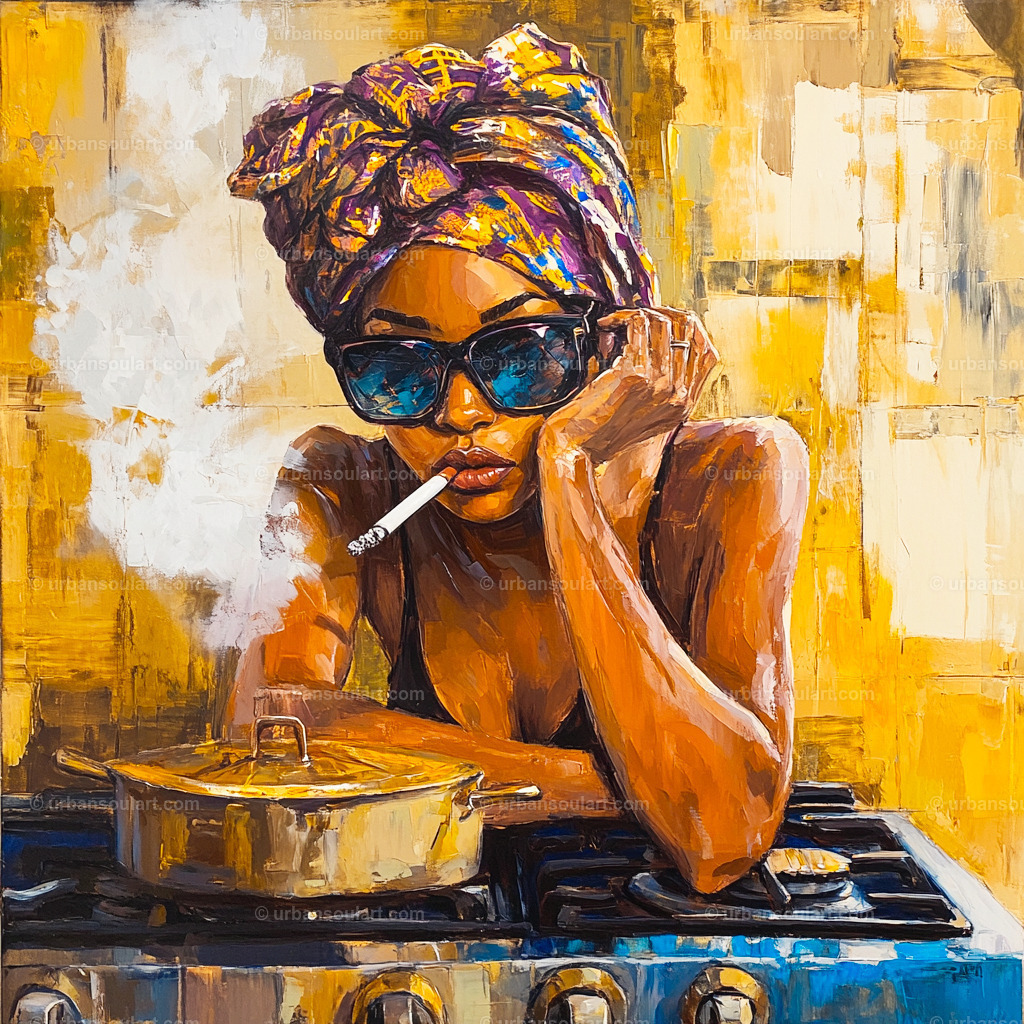 Smoking Woman Leaning On A Stove | This captivating artwork portrays a stylish woman leaning against a stove, her head wrapped in a vibrant scarf, smoking a cigarette. The warm, earthy palette and textured brushstrokes bring life to her relaxed, confident demeanor. Perfect for modern interiors, this bold canvas adds character and sparks conversation in any space. - Realisiert mit Pictrs.com