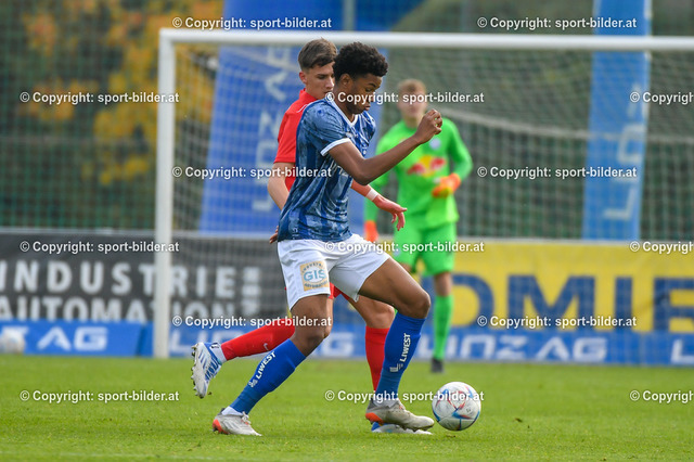 AUT, 2.Liga, FC Blau Weiss Linz vs FC Liefering | 29.10.2022, Hofmann Arena Linz, AUT, 2.Liga, FC Blau Weiss Linz vs FC Liefering, im Bild Fally Mayulu (Blau Weiss Linz) vs Lukas Wallner (Liefering)


// Admiral 2. Liga Match between FC Blau Weiss Linz and FC Liefering in Linz, Austria on 2022/10/29
