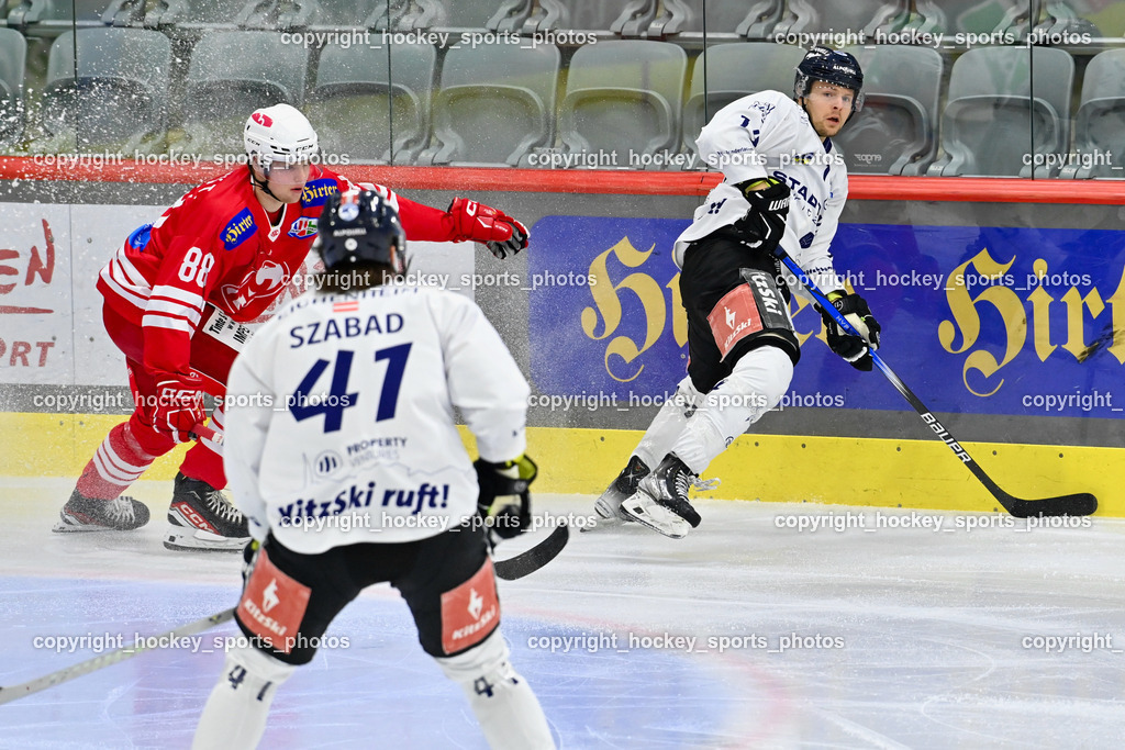 EC KAC Future Team vs. Die Adler Kitzbühl 7.10.2023 | #88 Klassek Thomas EC KAC FUTURE TEAM, #14 Niemelä Joonas Mikael EC Kitzbühel, EC KAC Future Team vs. Die Adler Kitzbühl 7.10.2023, EC KAC Future Team vs. Die Adler Kitzbühl am 07.10.2023 in Klagenfurt (Messehalle Klagenfurt), Austria, (Photo by Bernd Stefan)