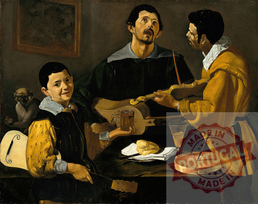Diego Velazquez Diego Velázquez, The Three Musicians playing instruments with a monkey | Three musicians and a boy playing instruments, drinking, and eating with a monkey - Realized with Pictrs.com