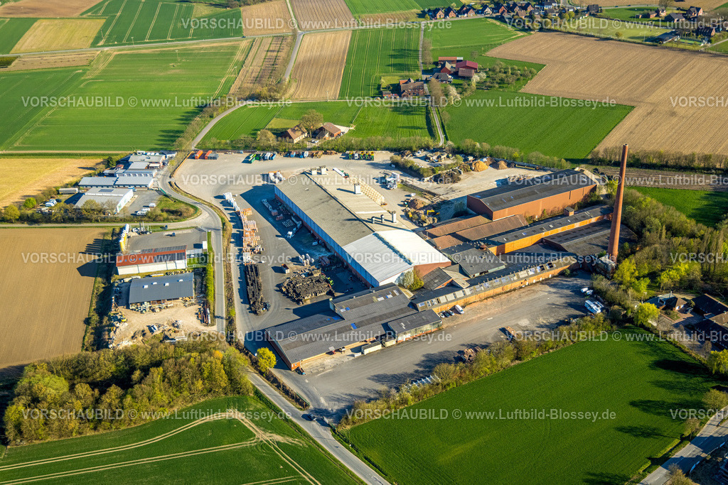 Olfen250405014 | Luftbild, Raiffeisen Vital eG und Hüning Elementbau mit Schornstein, Olfen-Kirchspiel, Olfen, Münsterland, Nordrhein-Westfalen, Deutschland