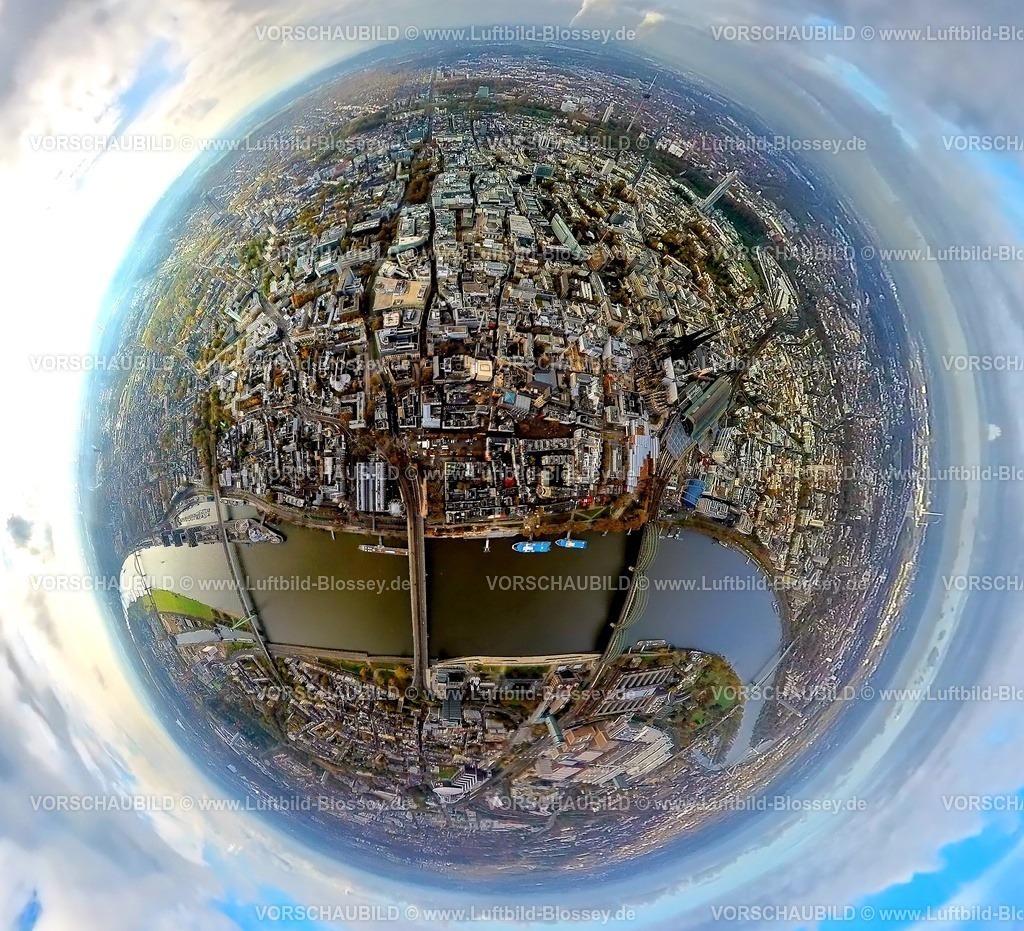 Koeln231190014Altstadt-topaz | Luftbild, Altstadt Innenstadtansicht mit Hauptbahnhof Hbf und Kölner Dom, Fluss Rhein mit Rheinbrücken, Hohenzollernbrücke, Deutzer Brücke, Severinbrücke, Erdkugel, Fisheye Aufnahme, Fischaugen Aufnahme, 360 Grad Aufnahme, tiny world, little planet, fisheye Bild, Altstadt, Köln, Rheinland, Nordrhein-Westfalen, Deutschland