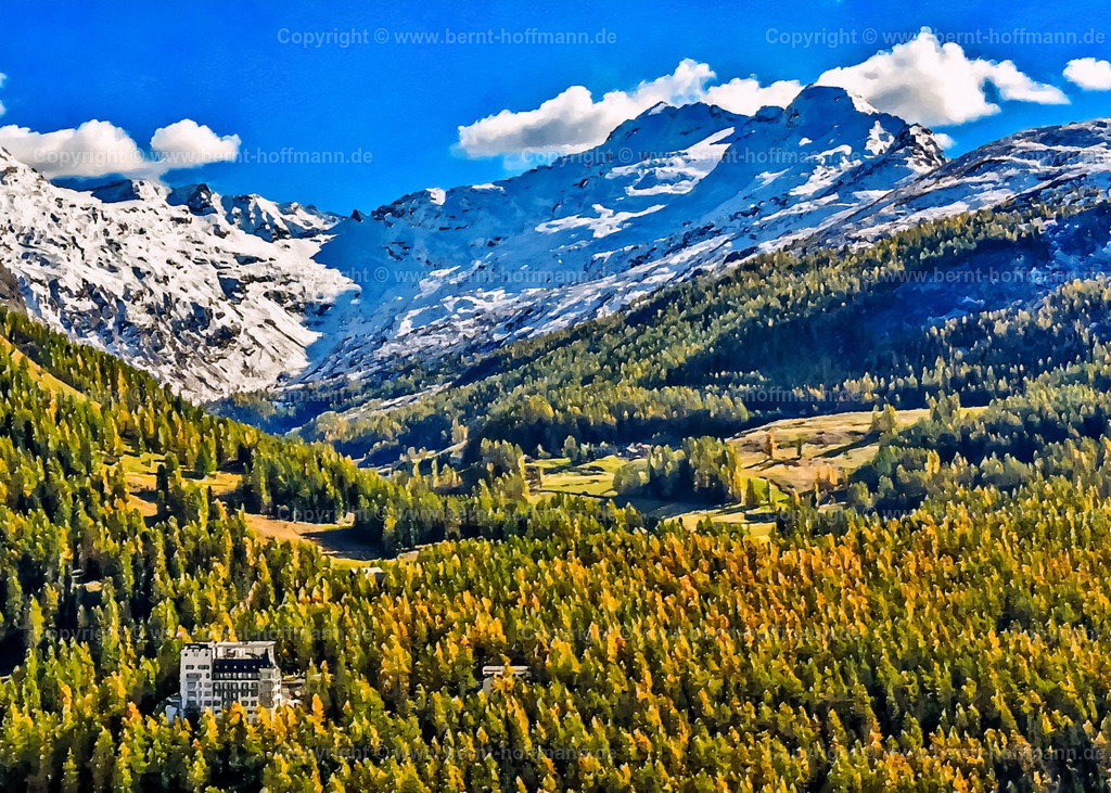 PAD2_RH_Hotel-SilsMaria_140x100 | DIGITALKUNST. Val Fex bei Sils Maria im Engadin mit dem " Hotel Waldhaus Sils ". __  Lärchenwald in bunten Herbstfarben vor Hochgebirgskulisse. 
__ Das Basisfoto für dieses malerisch verwandelte Werk hat der Schweizer Hobbyfotograf Rene Hinder gemacht und es Bernt Hoffmann für dessen Kunstpart zur Verfügung gestellt. - Realisiert mit Pictrs.com