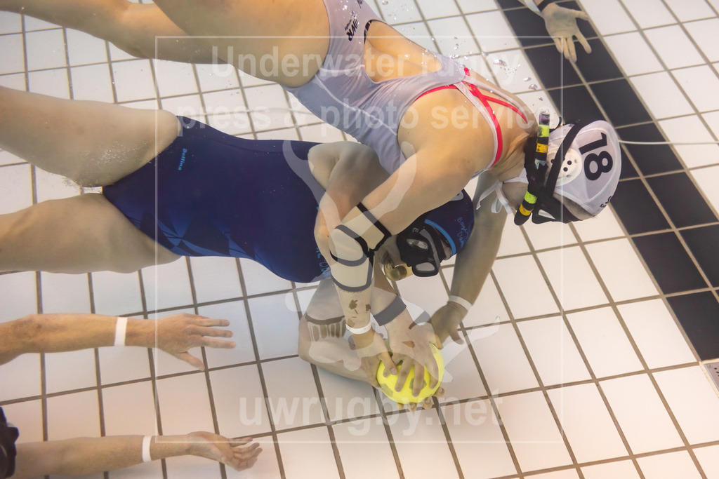 Deutsche Damen-Meisterschaft im Unterwasser-Rugby 2023 - Bild 15 | Unterwasseraufnahme des Spieles um Platz 3: 
Bayerische Damen (blau) vs. SG SSC Karlsruhe / TSV Malsch (weiß) - Realisiert mit Pictrs.com